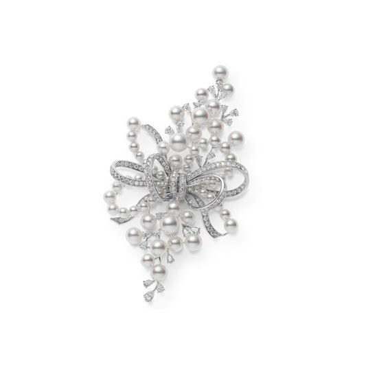 朱曁養殖真珠とダイヤモンドのリボンブローチセット(シルバー)