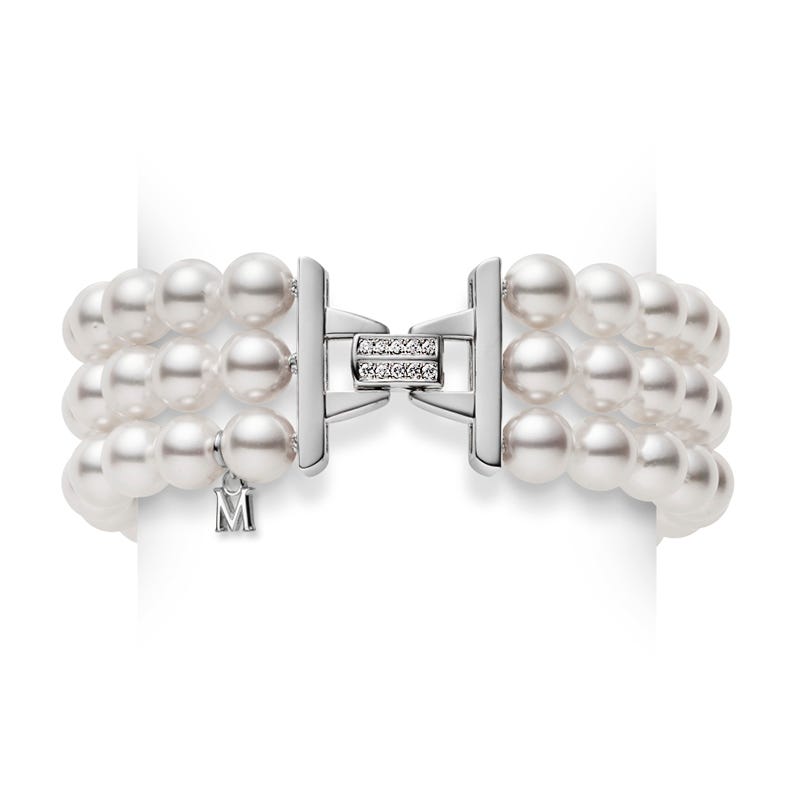 Zhuji Cultured Pearl Three Row Bracelet in Silver with Diamonds