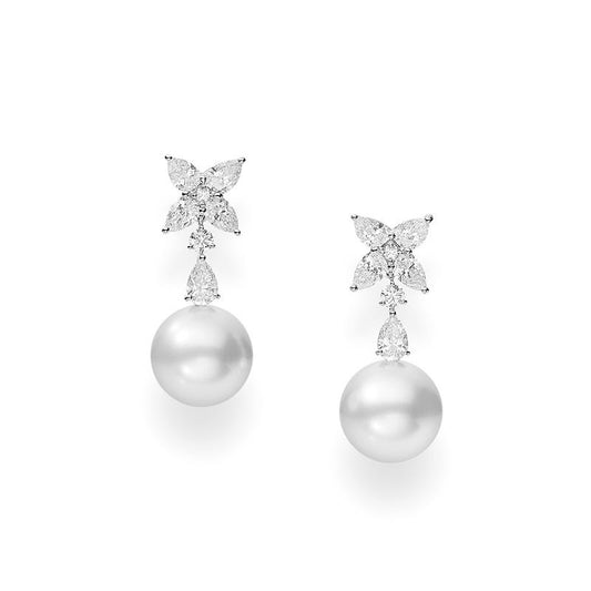 Classic White South Sea Cultured Pearl Earrings with Diamonds