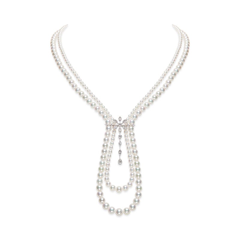 Zhuji Cultured Pearl and Diamond Double Row Drop Necklace In White