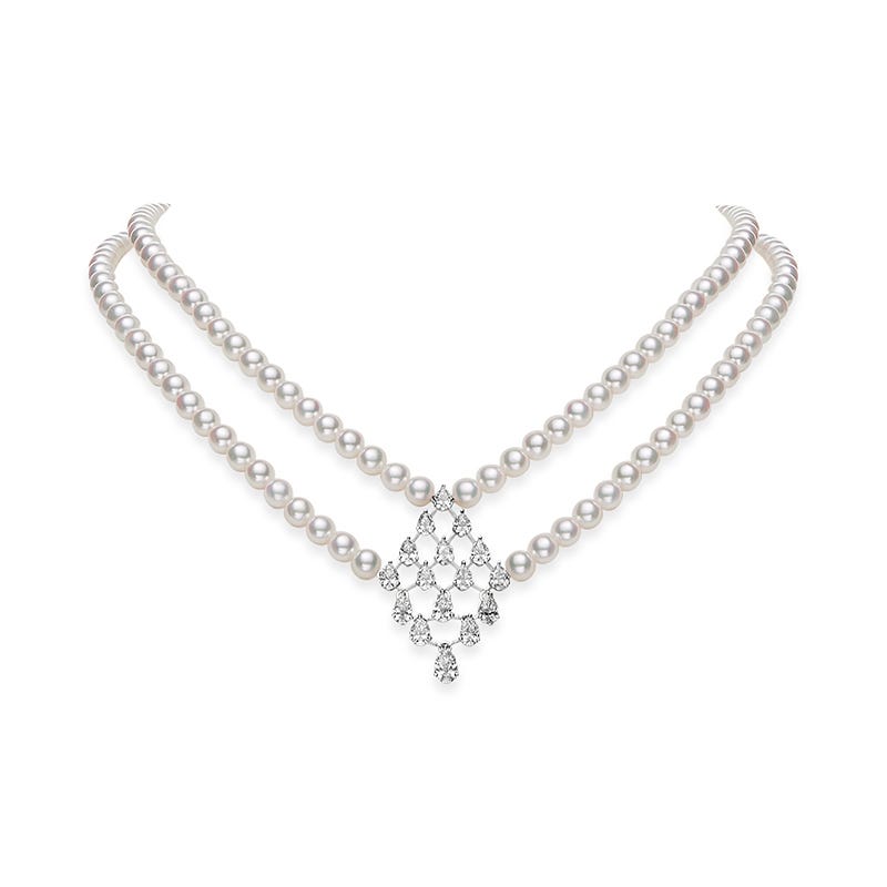 Zhuji Cultured Pearl Double Row Necklace with Diamonds in White