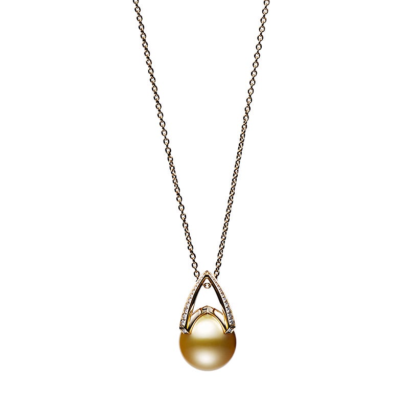 M Collection Golden South Sea Cultured Pearl Pendant with Diamonds in Yellow