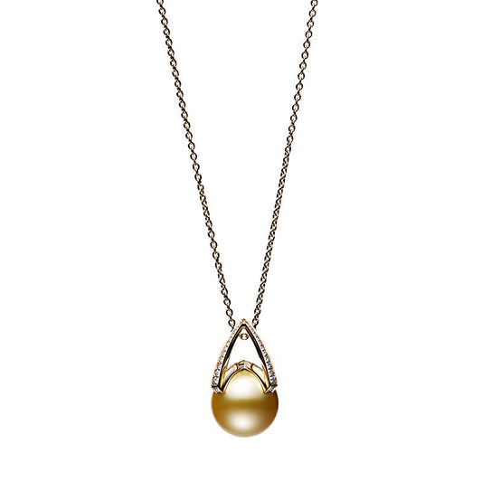 M Collection Golden South Sea Cultured Pearl Pendant with Diamonds in Yellow