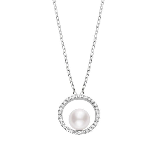 Zhuji Cultured Pearl Circle Pendant with Diamonds In Silver