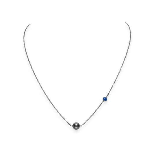 Black South Sea Cultured Pearl Single Pearl Pendant with Blue Enamel in Silver