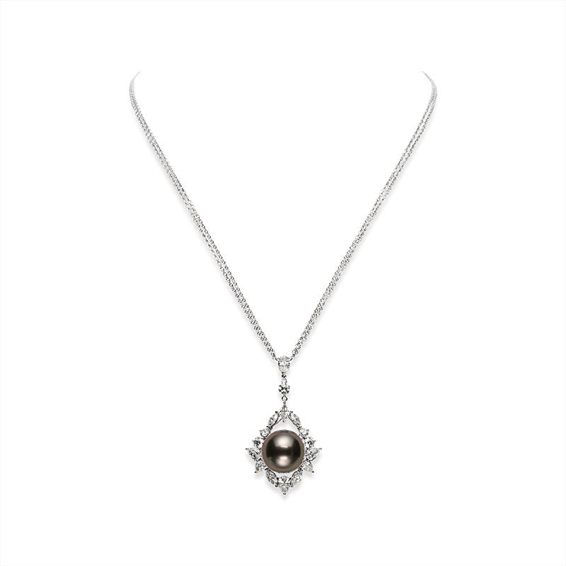 Classic Black Sea Pearl and Diamond Pendant In White