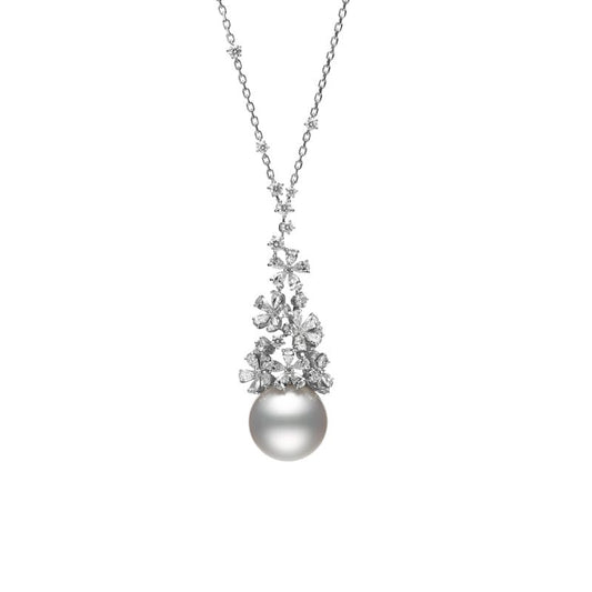 Classic White South Sea Cultured Pearl and Diamond Floral Pendant In Silver