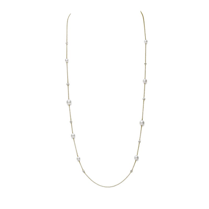 Zhuji Cultured Pearl and Diamond Station Collection Necklace in Yellow 31 Inch
