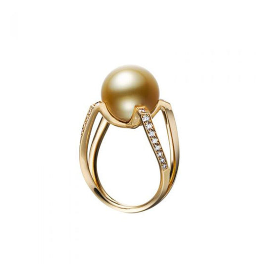 M Collection Golden South Sea Cultured Pearl Ring with Diamonds in Yellow