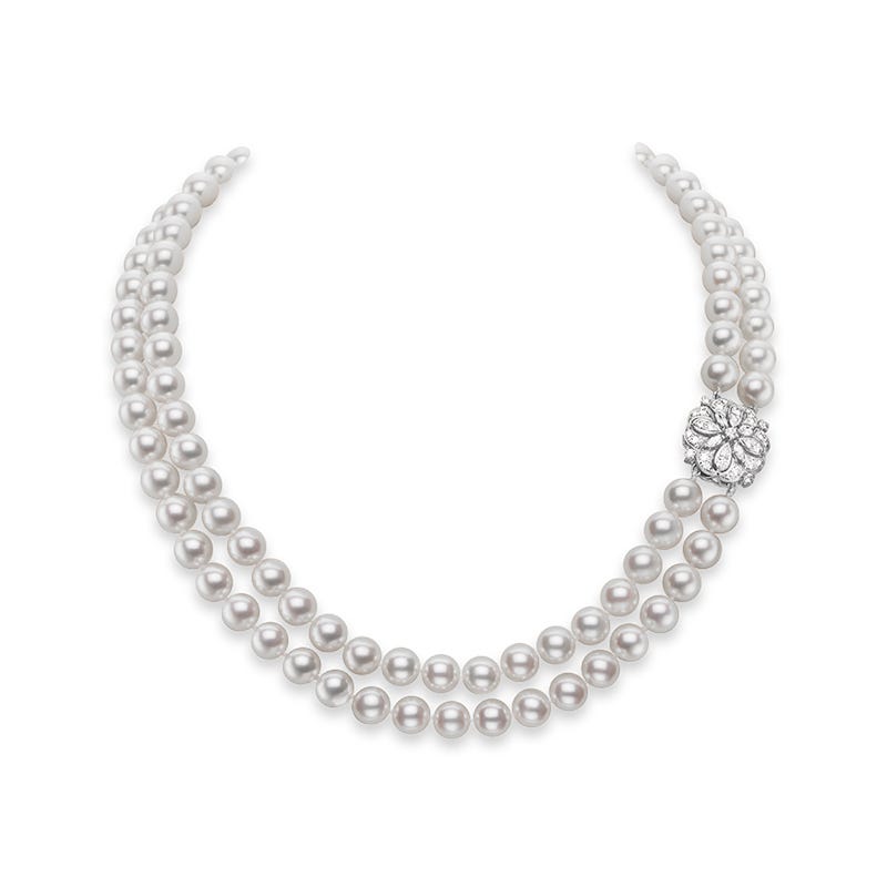 Classic Zhuji Double Strand Necklace with Diamonds in White