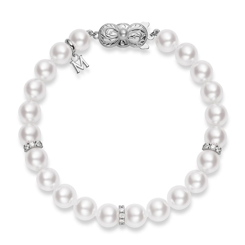 Zhuji Cultured Pearl Bracelet with Diamond Rondelles in Silver