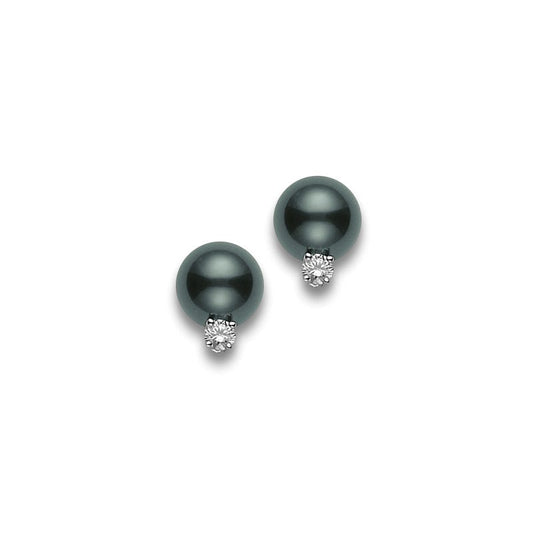 Black South Sea Stud Earrings with Diamonds in Silver