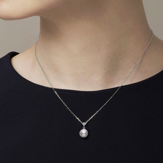 Zhuji Cultured Single Pearl and Diamond Pendant In Silver