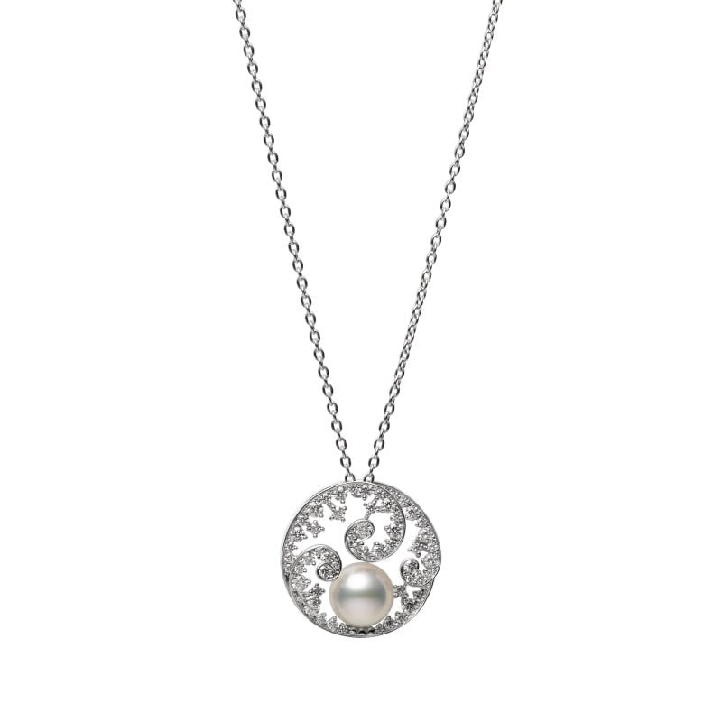 Zhuji Cultured Pearl and Diamond Circle Swirl Pendant In Silver
