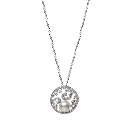 Zhuji Cultured Pearl and Diamond Circle Swirl Pendant In Silver