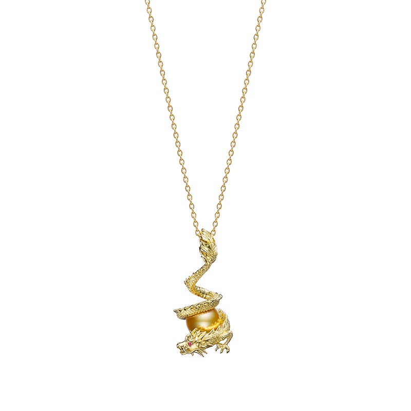 Golden South Sea Cultured Pearl Dragon Pendant Necklace In Yellow