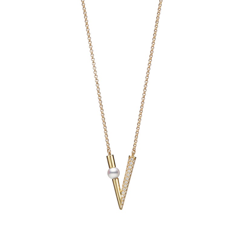 Zhuji Cultured Pearl and Diamond V Code Pendant in Yellow