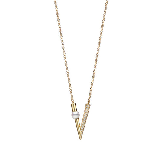 Zhuji Cultured Pearl and Diamond V Code Pendant in Yellow