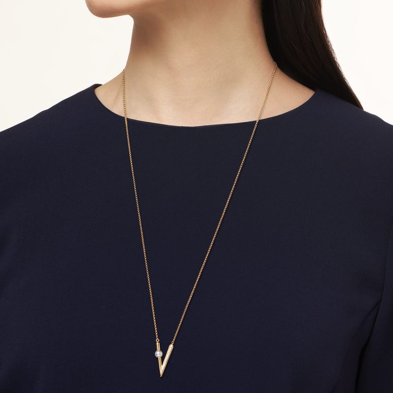 Zhuji Cultured Pearl and Diamond V Code Pendant in Yellow