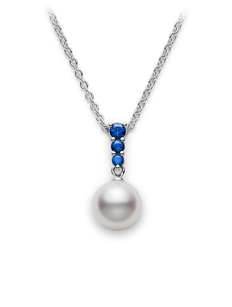 Morning Dew Zhuji Cultured Pearl Pendant with Blue Sapphire In Silver