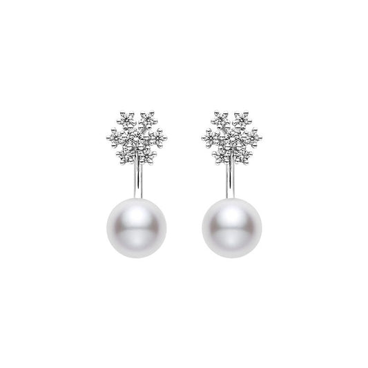 Classic Zhuji Cultured Pearl and Diamond Snowflake Earrings in Silver