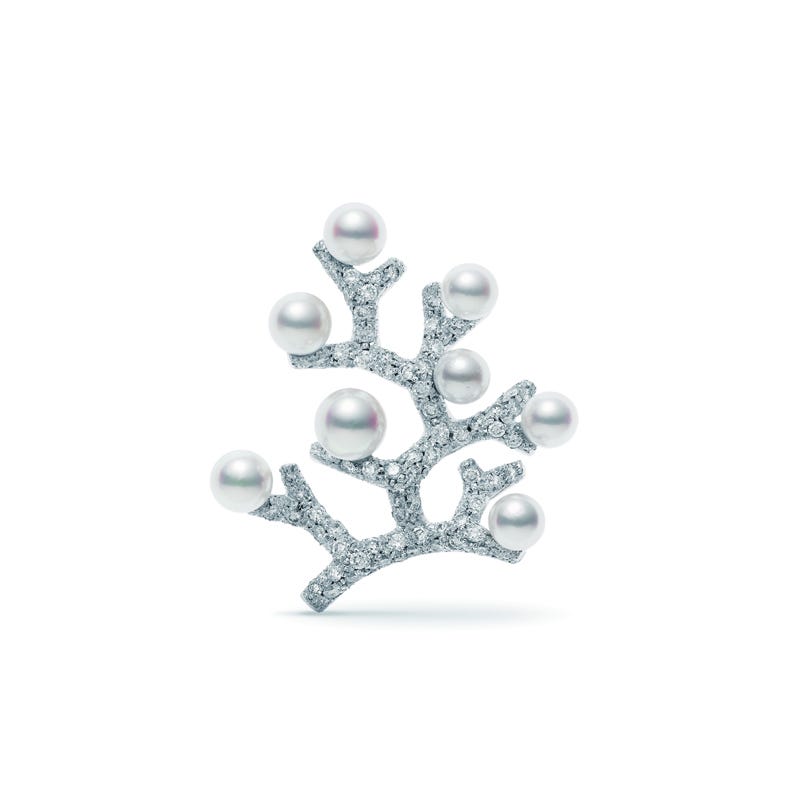 Kofuku no Ki Zhuji Cultured Pearl and Diamond Brooch in Silver