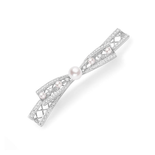 Zhuji Cultured Pearl and Diamond Bow Brooch in Silver