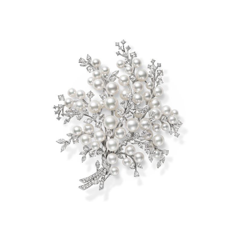 Zhuji Cultured Pearl and Diamond Bouquet Floral Brooch set in Silver