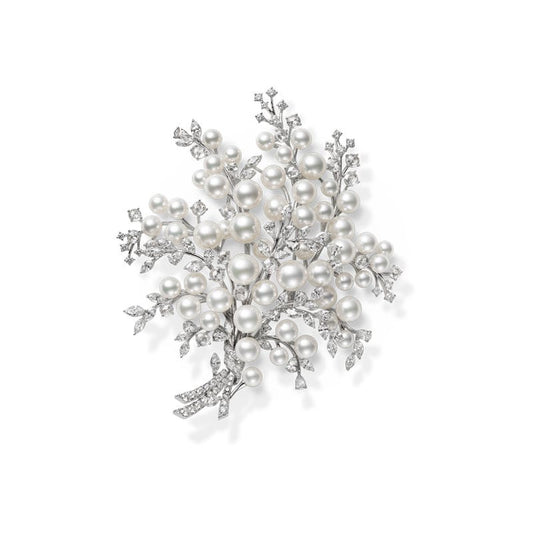 Zhuji Cultured Pearl and Diamond Bouquet Floral Brooch set in Silver