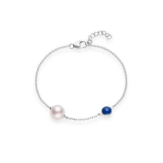 Zhuji Cultured Pearl Single Pearl Bracelet with Blue Enamel in Silver