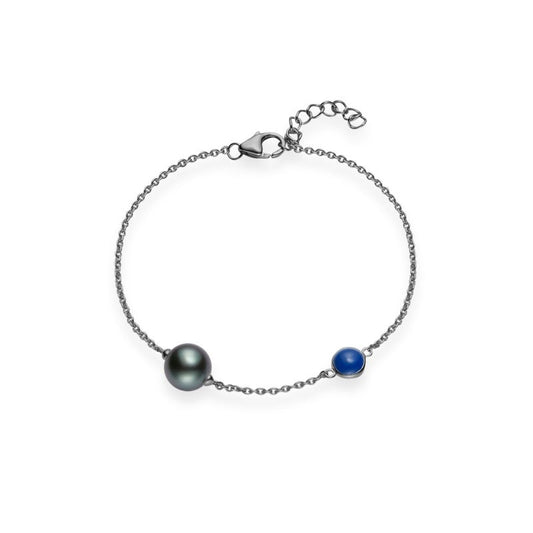 Black South Sea Cultured Pearl Single Pearl Bracelet with Blue Enamel in Silver