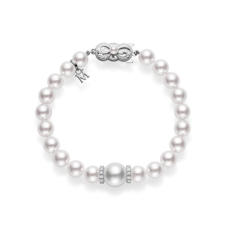 Fusion Zhuji and White South Sea Cultured Pearl Bracelet With Diamond Rondelles in Silver