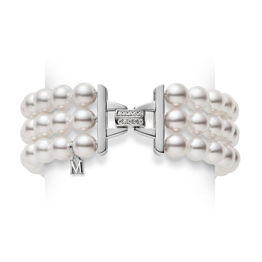 Zhuji Cultured Pearl Three Row Bracelet in Silver with Diamonds