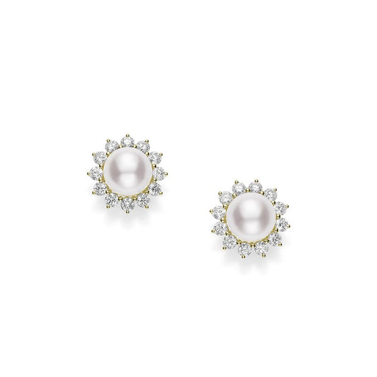 Classic Zhuji Cultured Pearl Diamond Sunburst Earrings in Yellow