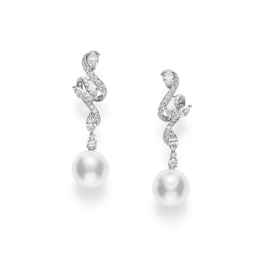 Classic White South Sea Cultured Pearl and Diamond Earrings in Silver