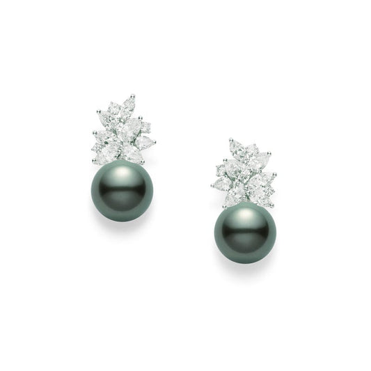 Classic Black South Sea Cultured Pearl and Diamond Earrings in Silver