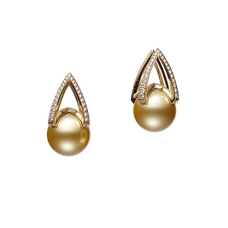 M Collection Golden South Sea Cultured Pearl Earrings with Diamonds in Yellow