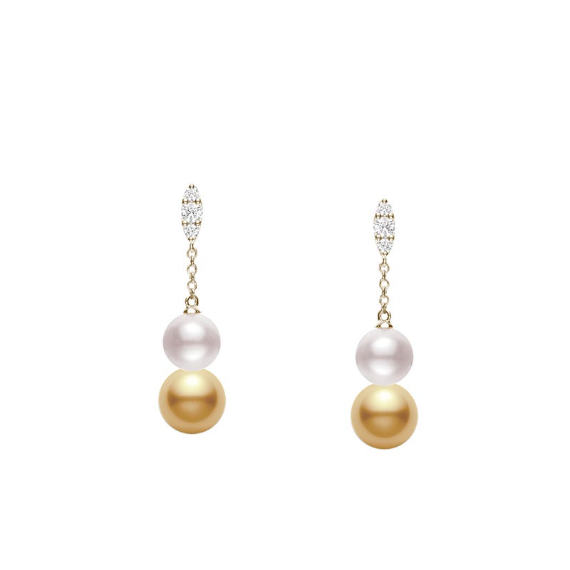 Morning Dew Zhuji and Golden South Sea Cultured Pearl Earrings with Diamonds in Yellow