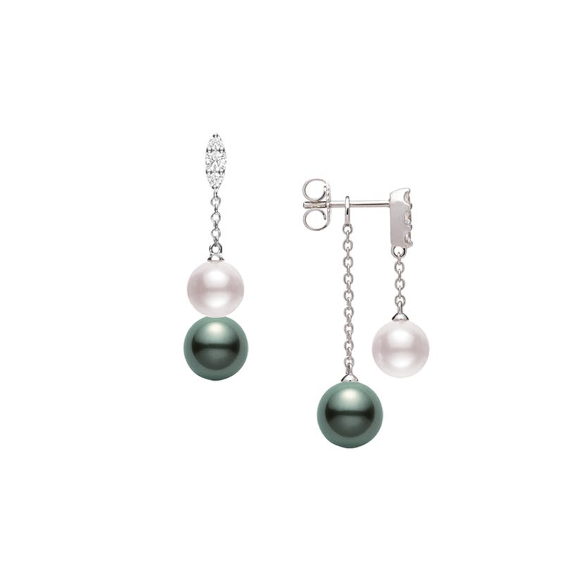 Morning Dew Zhuji and Black South Sea Cultured Pearl Earrings with Diamonds in Silver