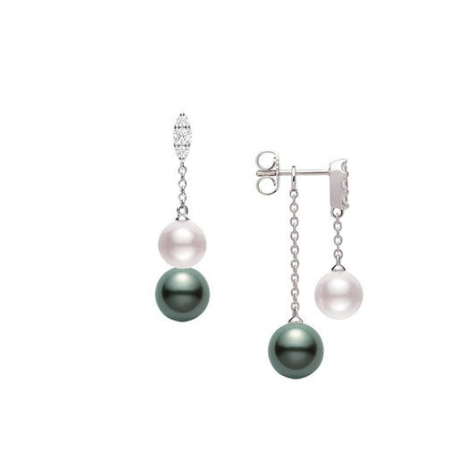 Morning Dew Zhuji and Black South Sea Cultured Pearl Earrings with Diamonds in Silver