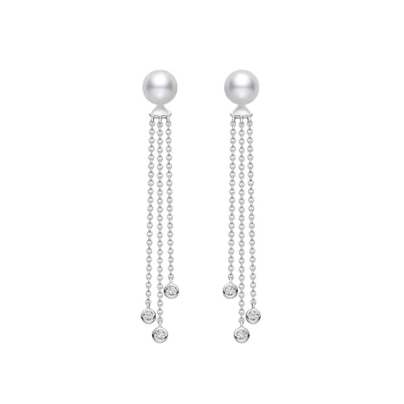 Zhuji Cultured Pearl and Diamond Dangle Drop Earrings in Silver