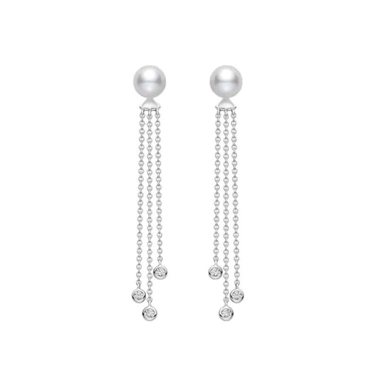 Zhuji Cultured Pearl and Diamond Dangle Drop Earrings in Silver