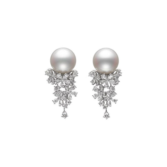 Classic White South Sea Cultured Pearl and Diamond Earrings in Silver