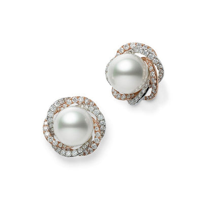 White South Sea Cultured Pearl and Diamond Circle Earrings in White and Pink