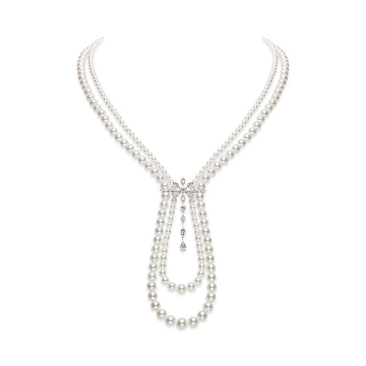 Zhuji Cultured Pearl and Diamond Double Row Drop Necklace In White