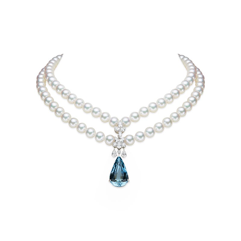 Aquamarine and Zhuji Cultured Pearl Necklace with Diamonds in White