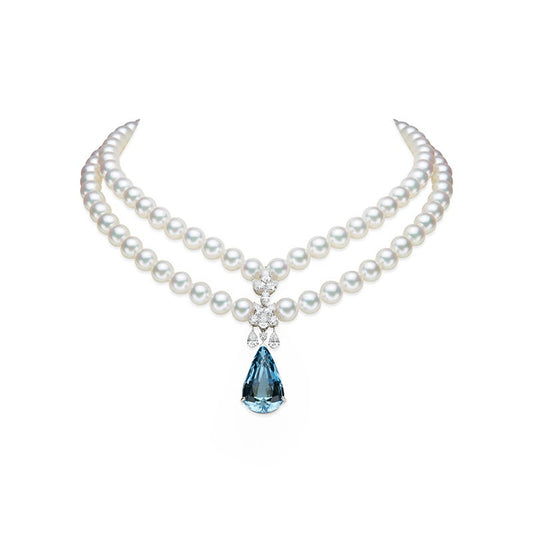 Aquamarine and Zhuji Cultured Pearl Necklace with Diamonds in White