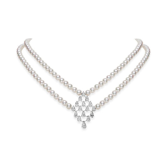 Zhuji Cultured Pearl Double Row Necklace with Diamonds in White
