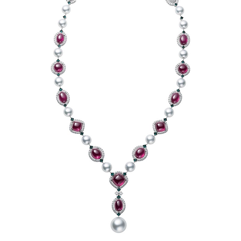 White South Sea Cultured Pearl, Garnet, Alexandrite and Diamond Necklace