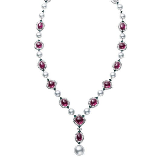 White South Sea Cultured Pearl, Garnet, Alexandrite and Diamond Necklace